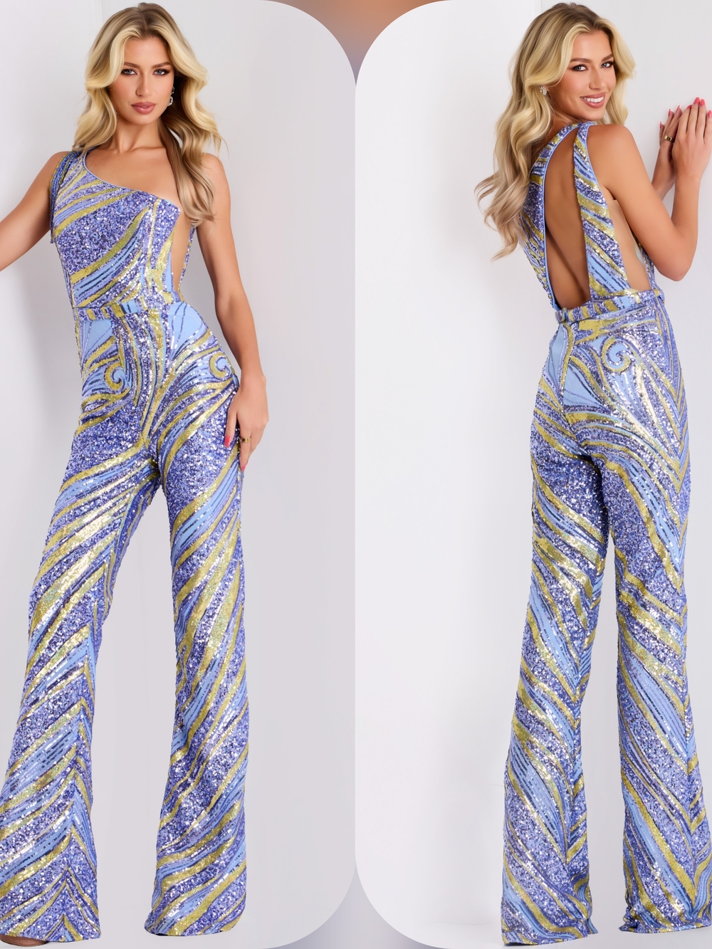 Jovani Lavender and Gold Sequined One-Shoulder Jumpsuit